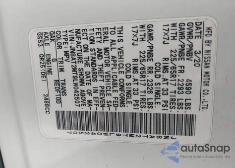 2020 Nissan Rogue Sv Fwd z USA, uszkodzony, nr VIN JN8AT2MT9LW042507